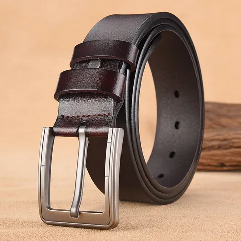 Ceinture Homme en Cuir de Vachette Vintage Boucle à Ardillon en Alliage Brossé pour Jeans Décontractés Affaires Ceinture en Cuir Classique Couleur Unie