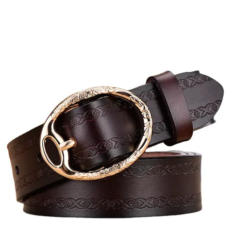 Women Vintage Embossed Split Cowhide Leather Belt Retro Floral Pattern Alloy Hollow Buckle Fashion Waist Strap For Jeans Dress Accessories