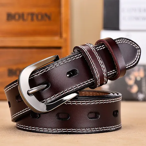 Women's Vintage Genuine Leather Belt With Contrast Stitching Alloy Pin Buckle Casual Waist Strap For Jeans Dresses Black Red Coffee