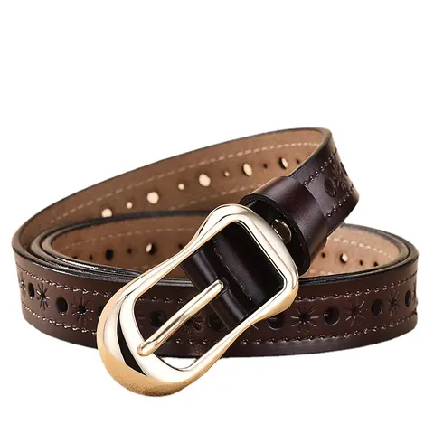 Women's Split Leather Belt With Hollow Floral Pattern Vintage Alloy Pin Buckle Fashion Casual Ladies Waistband For Jeans Dresses