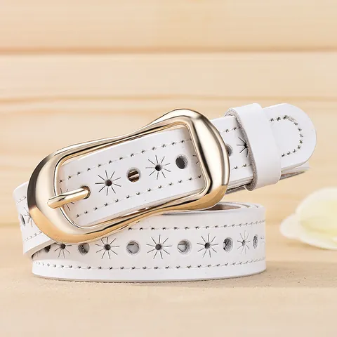 Women's Split Leather Belt With Hollow Floral Pattern Vintage Alloy Pin Buckle Fashion Casual Ladies Waistband For Jeans Dresses