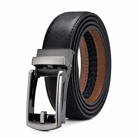 Men Business Cowhide Leather Belt With Automatic Alloy Buckle High End Saffiano Pattern Waist Belt For Office Casual Suit