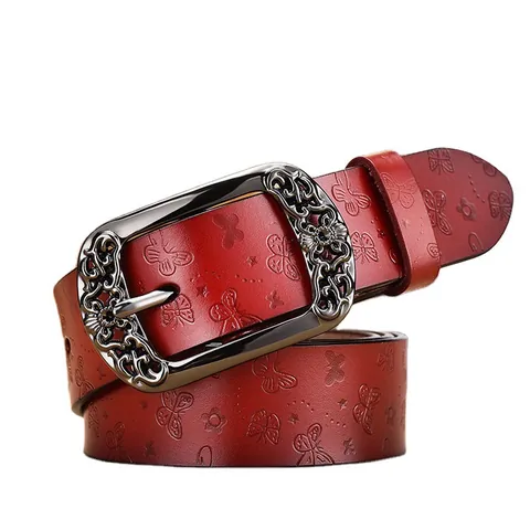 Ceinture Femme en Croûte de Cuir Vintage Gauffrée Papillon Boucle à Ardillon en Alliage Creuse pour Jeans et Robes