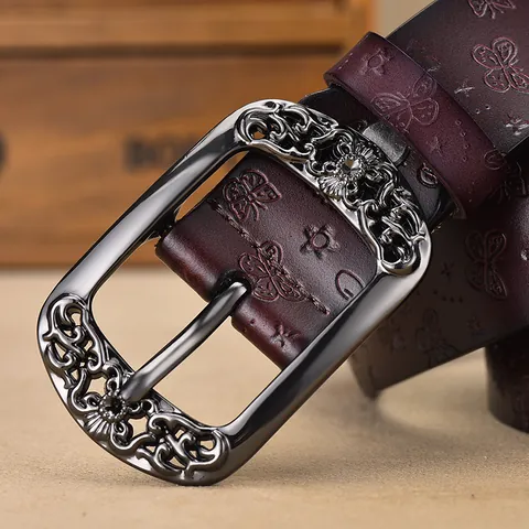 Ceinture Femme en Croûte de Cuir Vintage Gauffrée Papillon Boucle à Ardillon en Alliage Creuse pour Jeans et Robes