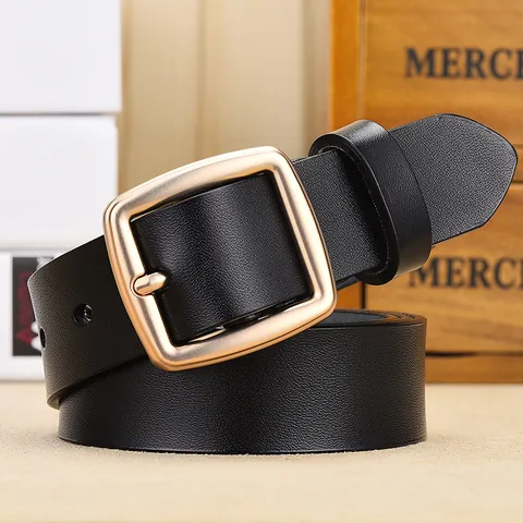 Cintura da Donna in Vera Pelle Con Fibbia ad Ardiglione Quadrata in Lega Dorata Cinturino Minimalista Casual per Jeans Vestito Accessorio Moda