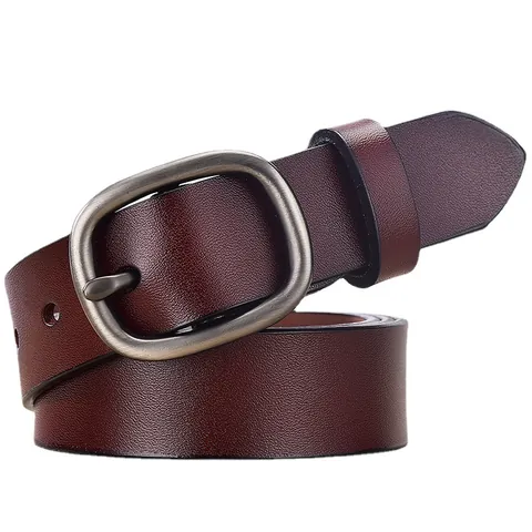 Women Split Cowhide Leather Belt Simple Solid Color Thin Waist Belt With Alloy Round Pin Buckle For Jeans Dresses Lady Casual Belt