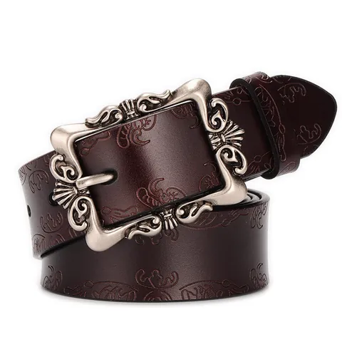 Ceinture Femme Rétro en Croûte de Cuir de Vache Gaufré Avec Boucle à Ardillon en Alliage Baroque Sculpté Motif Floral