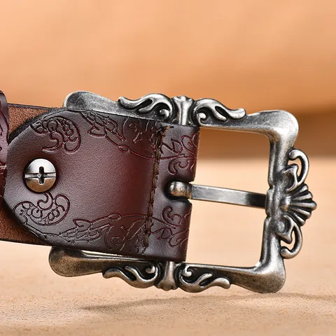Ceinture Femme Rétro en Croûte de Cuir de Vache Gaufré Avec Boucle à Ardillon en Alliage Baroque Sculpté Motif Floral