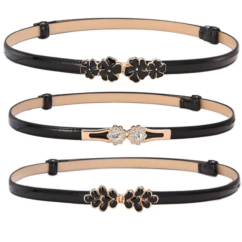 Damen Schmaler Kunstleder Gürtel Mit Süßer Strass Schmetterling Blume Steckschließe Eleganter Mode Dekorativer Taillengürtel