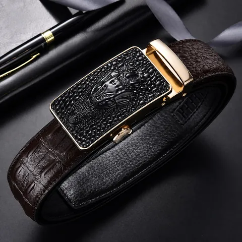 Men Business Split Cowhide Leather Belt Luxury Crocodile Texture Embossed Strap With Alloy Automatic Buckle Formal Waist Accessory