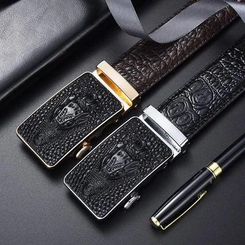 Men Business Split Cowhide Leather Belt Luxury Crocodile Texture Embossed Strap With Alloy Automatic Buckle Formal Waist Accessory