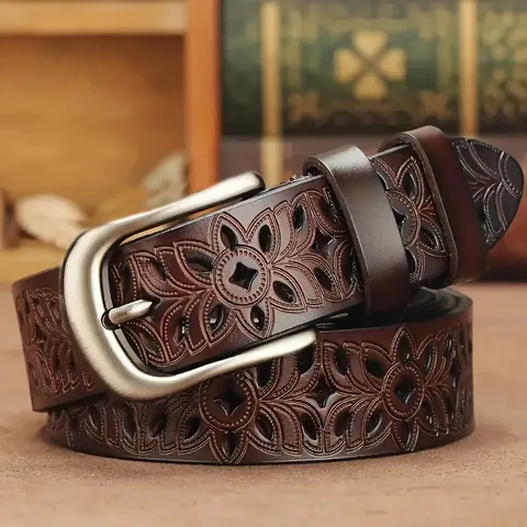 Vintage Women Genuine Leather Belt Hollow Out Floral Pattern Cowhide Waist Strap Alloy Pin Buckle Casual Decorative Jeans Accessory