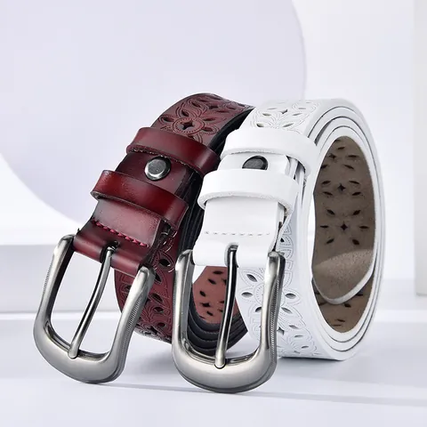Vintage Women Genuine Leather Belt Hollow Out Floral Pattern Cowhide Waist Strap Alloy Pin Buckle Casual Decorative Jeans Accessory
