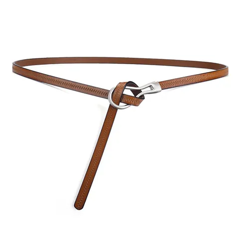 Women Genuine Leather Knotted Belt Minimalist Cowhide Thin Waist Strap For Dress Decoration Alloy Buckle Elegant Accessory