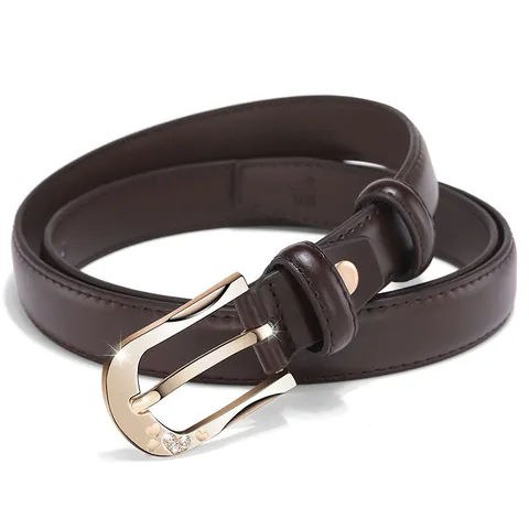 Women's Cowhide Thin Belt Fashion Heart Rhinestone Hollow Alloy Pin Buckle Leather Waist Strap For Jeans Dress Jewelry