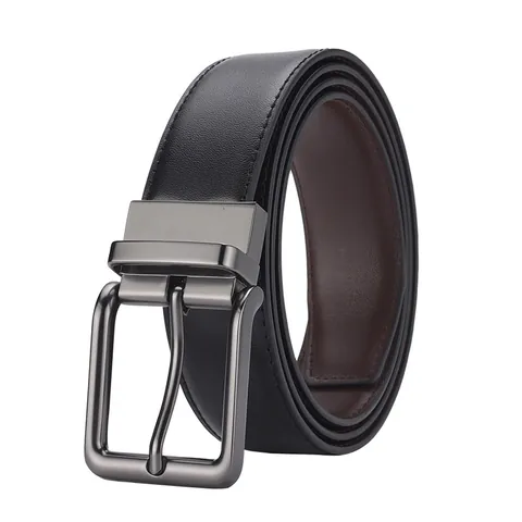 Men's Business Casual Reversible Split Cowhide Leather Belt Rotating Alloy Pin Buckle Black Brown Double Sided Waist Belt