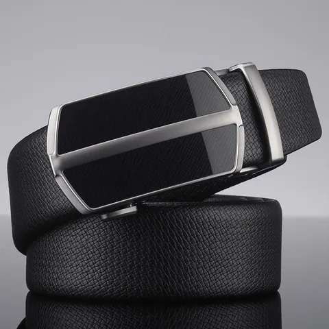 Cintura da Uomo Business con Fibbia Automatica in Pelle di Vacca Classica Nera Motivo Litchi Accessori Maschili Casual Versatili