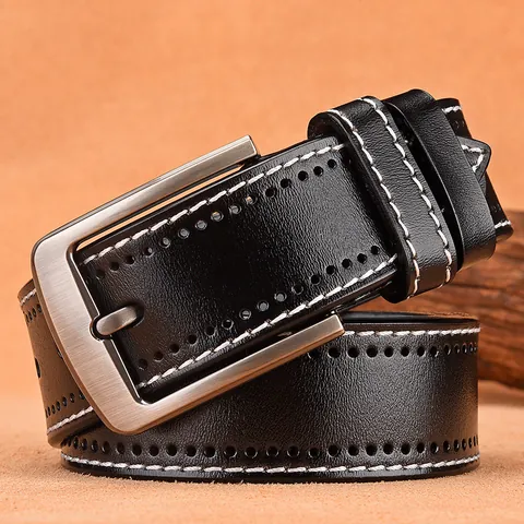Ceinture Homme en Cuir de Vachette Refendu Vintage Avec Boucle en Alliage Style Business Décontracté Surpiqûres Design Perforé