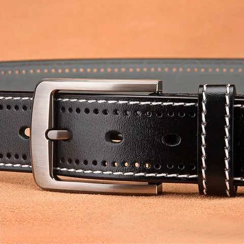Ceinture Homme en Cuir de Vachette Refendu Vintage Avec Boucle en Alliage Style Business Décontracté Surpiqûres Design Perforé