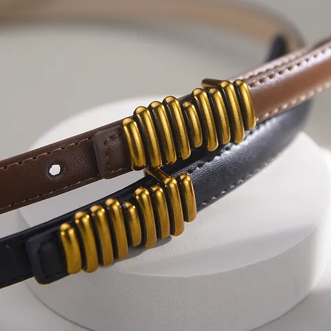 Women Genuine Leather Thin Belt Vintage Golden Textured Alloy Buckle Decorative Waist Strap Elegant Skinny Belt For Dress