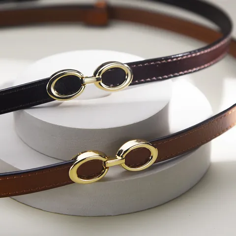 Women Thin Genuine Leather Belt Elegant Interlocking Double Oval Gold Buckle Adjustable Fashion Decorative Dress Accessories