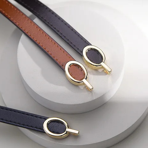 Women Thin Genuine Leather Belt Elegant Interlocking Double Oval Gold Buckle Adjustable Fashion Decorative Dress Accessories