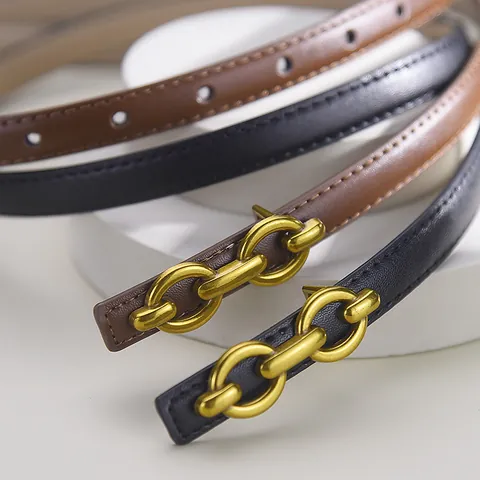 Women Fashion Leather Thin Belt Alloy Interlocking Buckle Smooth Waist Strap For Dresses Casual Ladies Versatile Waistband