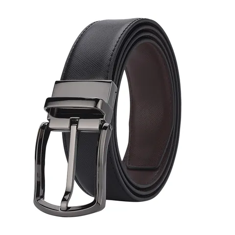 Men Business Leather Belt Saffiano Texture Rotating Alloy Pin Buckle Reversible Black Brown Formal Casual Waist Belt For Men
