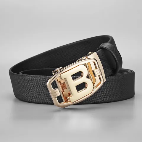 Men Business Cow Leather Belt With Alloy Automatic Buckle Letter B Pattern Casual Dress Waistband Litchi Texture Accessory