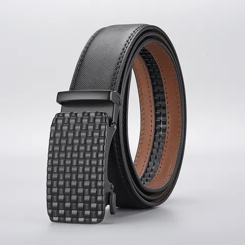 Men's Business Leather Belt Automatic Buckle Split Cowhide Leather Saffiano Texture Grid Zinc Alloy Buckle Black Waistband