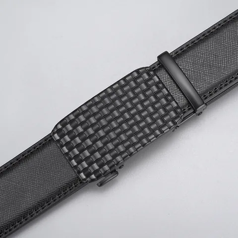 Men's Business Leather Belt Automatic Buckle Split Cowhide Leather Saffiano Texture Grid Zinc Alloy Buckle Black Waistband