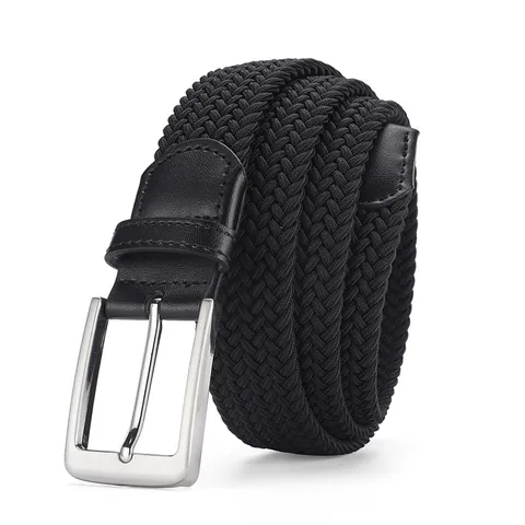 Men Business Braided Elastic Belt Alloy Pin Buckle Stretch Woven Fabric Waist Strap Versatile Casual Dress Accessory