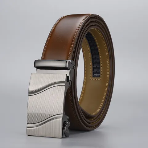 Men Genuine Cowhide Leather Belt With Zinc Alloy Automatic Buckle Business Casual Formal Waist Strap In Light Brown