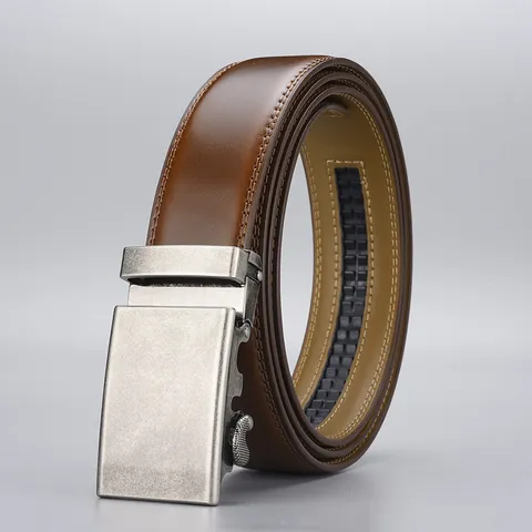 Men Genuine Cowhide Leather Belt With Zinc Alloy Automatic Buckle Business Casual Formal Waist Strap In Light Brown