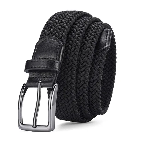 Men's Casual Woven Elastic Belt Stretch Braided Fabric Waist Strap Alloy Pin Buckle Adjustable No Hole Waistband Business Daily