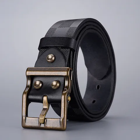 Herren Vintage Top-Grain-Rindsleder Gürtel Schachbrettmuster Geprägt Messingschnalle Lässiger Mode Taillengürtel