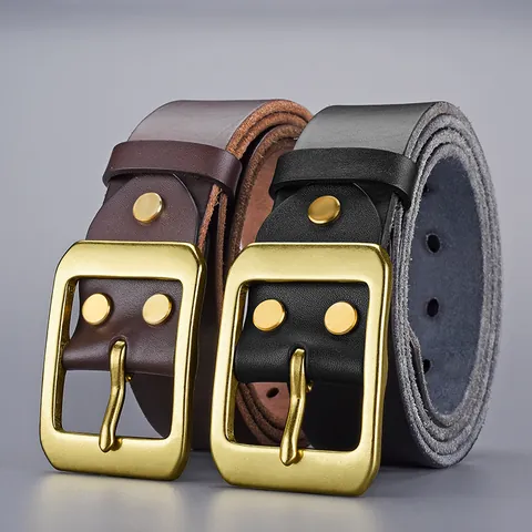 Heren Riem Van Echt Volnerfleer Met Koperen Gesp Vintage Artistiek Verweerd Ontwerp Duurzame Jeansriem