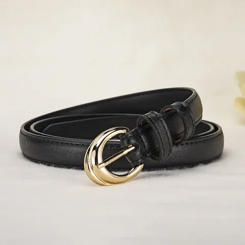 Cintura Sottile in Vera Pelle Casual Fibbia a Mezzaluna Dorata Elegante Cinturino in Pelle di Vacchetta Per Abiti Jeans Accessorio di Moda