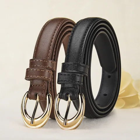 Cintura Sottile in Vera Pelle Casual Fibbia a Mezzaluna Dorata Elegante Cinturino in Pelle di Vacchetta Per Abiti Jeans Accessorio di Moda
