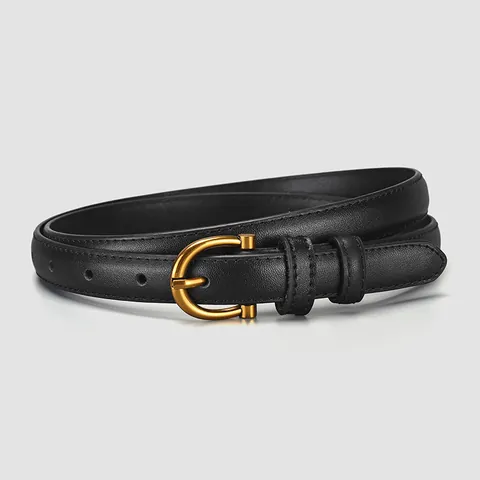 Women Fashion Slim Genuine Leather Belt With Horseshoe Alloy Buckle Solid Color Retro Thin Waist Strap For Jeans Dresses