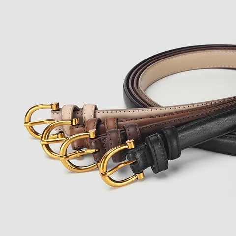 Women Fashion Slim Genuine Leather Belt With Horseshoe Alloy Buckle Solid Color Retro Thin Waist Strap For Jeans Dresses