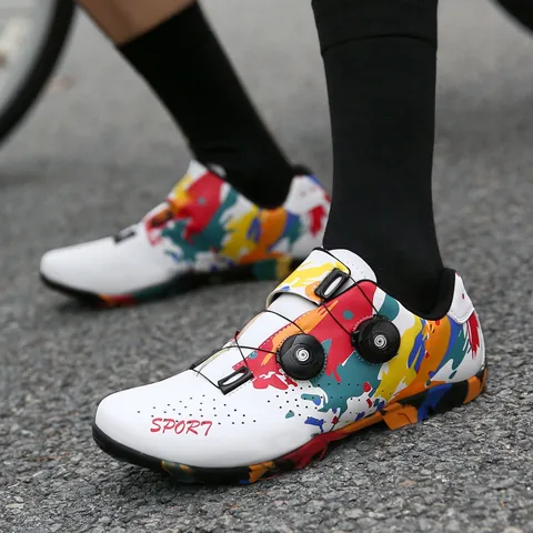 Scarpe da Ciclismo Professionali Doppie Fibbie Rotanti Scarpe da Bici da Corsa Mountain Bike Traspiranti Graffiti Unisex