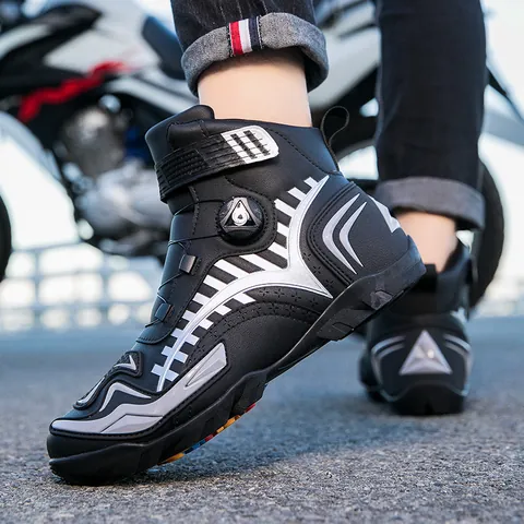 Zapatos Profesionales de Motociclismo Cuero Microfibra Botas de Carreras Con Hebilla Rotatoria Equipo Protección Antideslizante