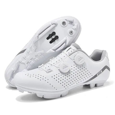 Scarpe da Ciclismo Professionali Bianche Uomo Donna Doppia Fibbia Rotante Perforate Traspiranti Scarpe per Bici da Corsa e MTB Sportive