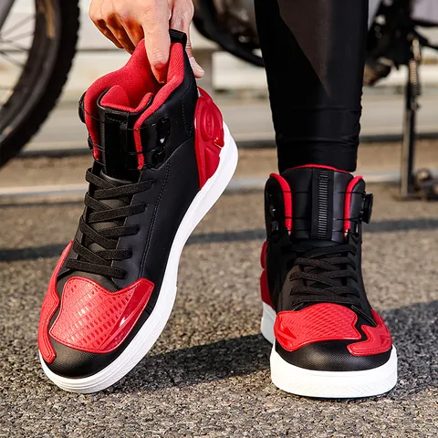 Men Professional Motorcycle Riding Shoes Waterproof Anti-fall Protective Boots With Rotary Buckle High Top Microfiber Racing Shoes Outdoor Anti-slip Gear