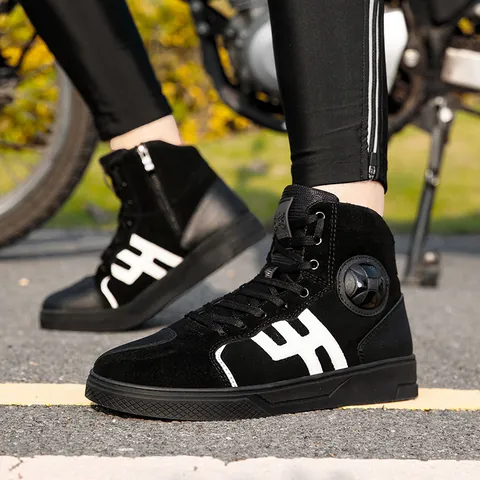 Unisex High Top Motorcycle Riding Shoes Waterproof Protective Suede Leather Racing Boots With Side Zipper Anti Slip Sole