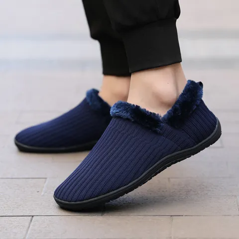 Unisex Winter Warm Home Slippers Thickened Plush Lined Knit Fabric Non-Slip Indoor Outdoor House Shoes Cotton Slippers