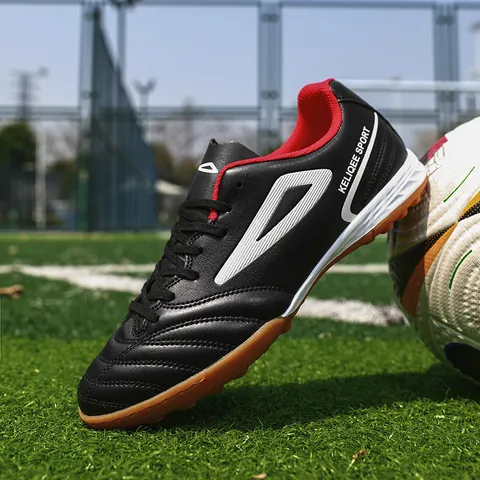 KELIQEE Professional Men Soccer Shoes TF Turf Football Boots Synthetic Leather Non-Slip Athletic Training Sneakers White Black