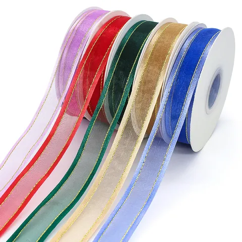 Chiffon Organza Ribbon With Gold Edge Semi Transparent Mesh Fabric For DIY Hair Accessories Gift Wrapping Flower Bouquet Craft