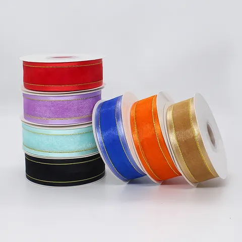 Nylon Organza Ribbon Gold Edge Sheer Mesh Decorative Fabric Ribbons For Gift Wrapping Flower DIY Wedding Party Decor